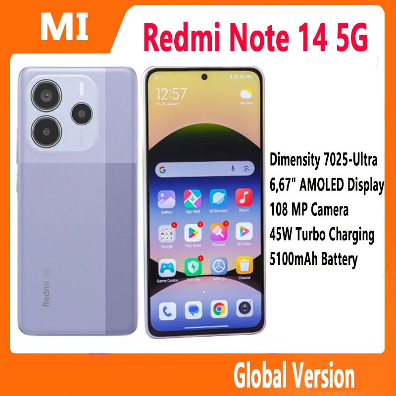 [World Premiere] Xiaomi Redmi Note 14 5G Global Version NFC Smartphone MTK Dimensity 7025-Ultra 108MP Camera 45W Turbo Charging