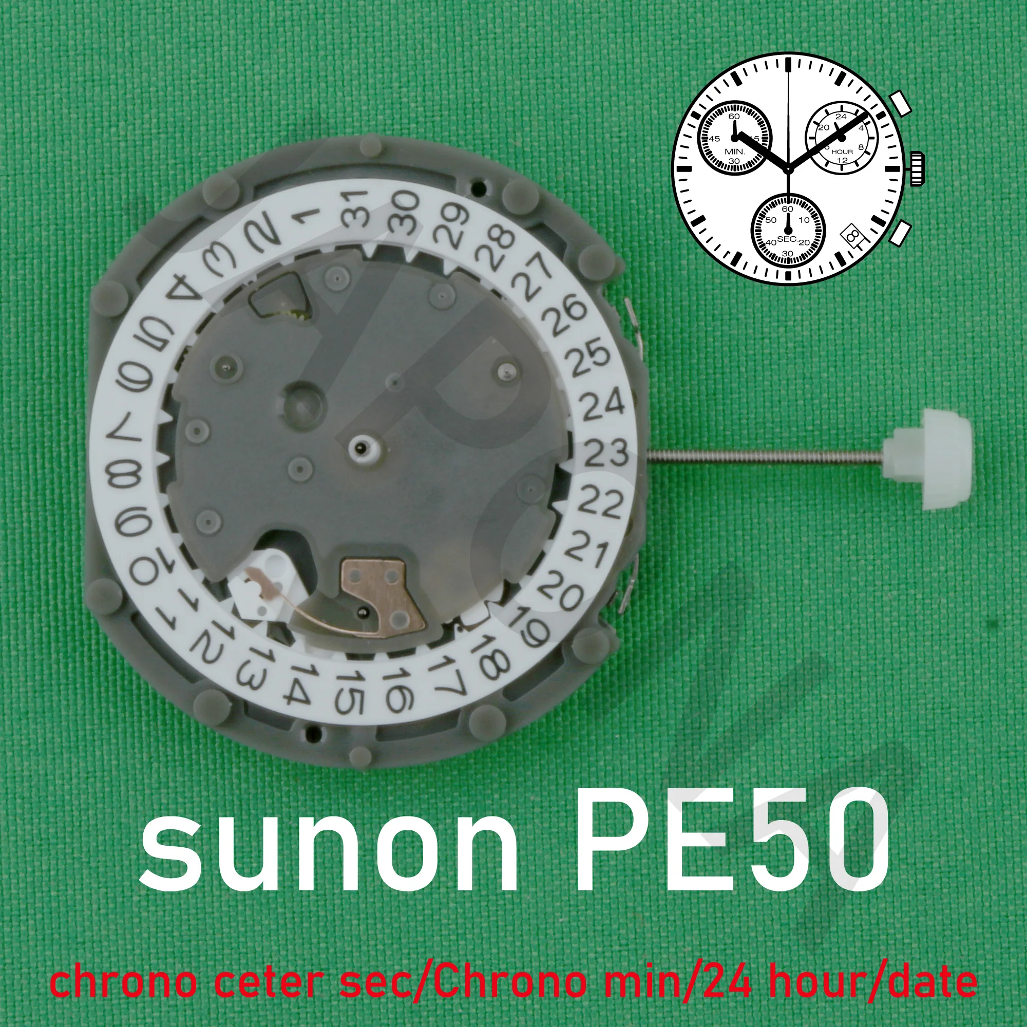 Кварцевые часы с механизмом PE50, Китай, SUNON PE50, механизм, хронограф, центр секунды/хронограф, день/дата/24 часа