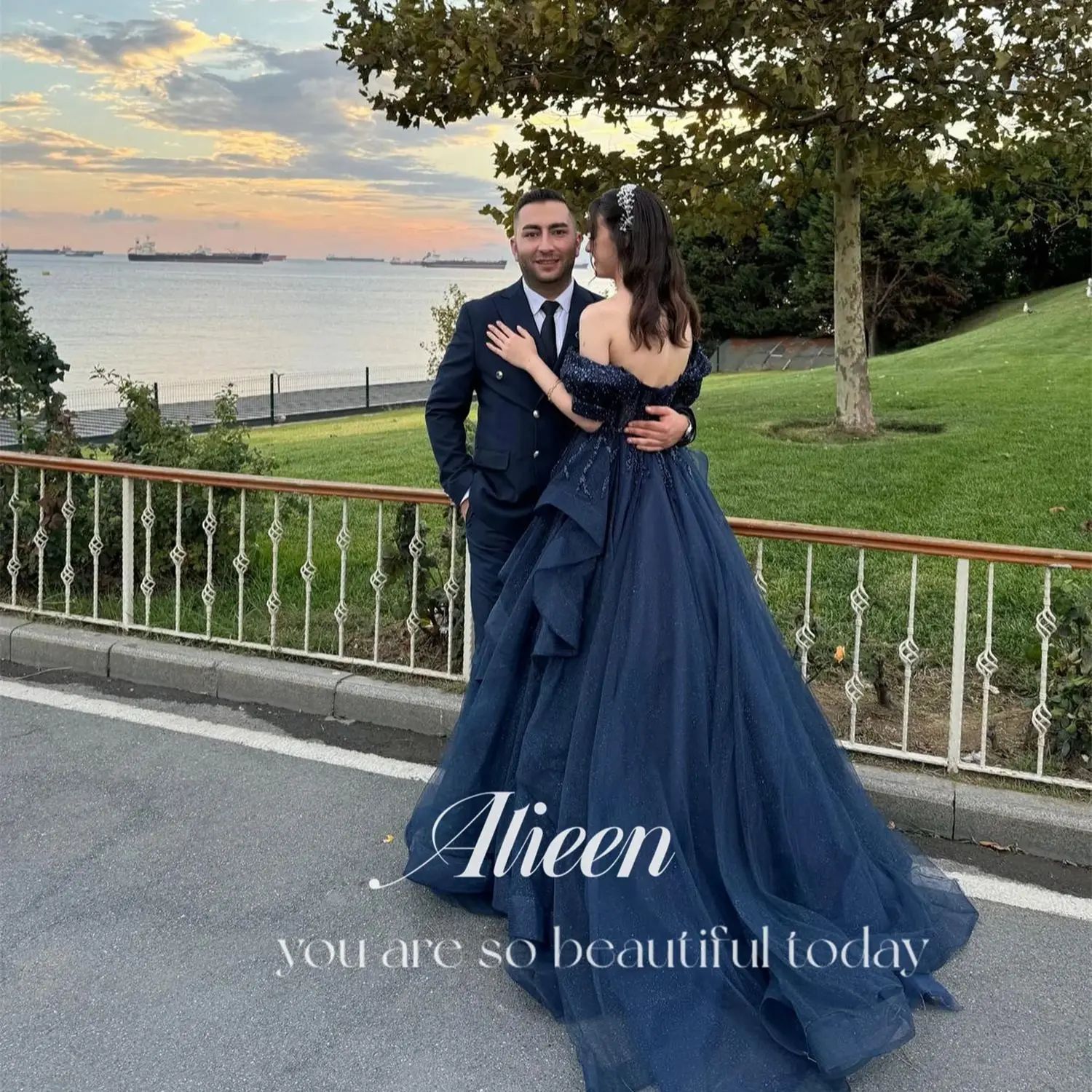 Aileen Темно-синее блестящее свадебное платье с открытыми плечами по индивидуальному заказу, роскошные вечерние платья 2024, женские бальные платья для вечеринки, гала-выпускного вечера
