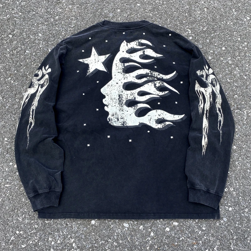 Уличная одежда 23SS Моющаяся футболка HELLSTAR 1:1 Высококачественная уличная одежда винтажная одежда с длинным рукавом футболки топы футболки Techwear