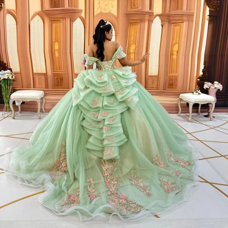 Фото ANGELSBRIDEP цыпленок шалфея зеленые рюши Quinceanera платья бальное платье с 3D цветочной аппликацией строгие Выпускные платья №3