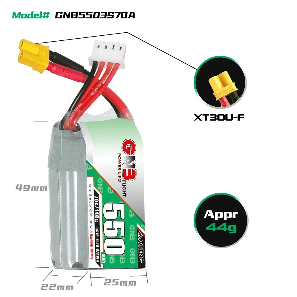 Фото GAONENG GNB 550 мАч 3S 70C 140C 11,1 В XT30 LiPo аккумулятор Cinelog Cinewhoop RC игрушка маленький гели самолет Quads №3