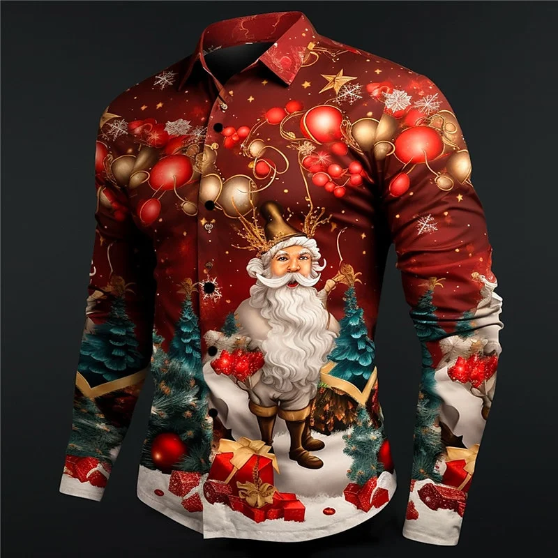 Fashion 2024 Christmas Themed 3D Printed Men's Casual Long Sleeve Shirt Street Wear Party Size Shirt Santa Claus Hot Sale