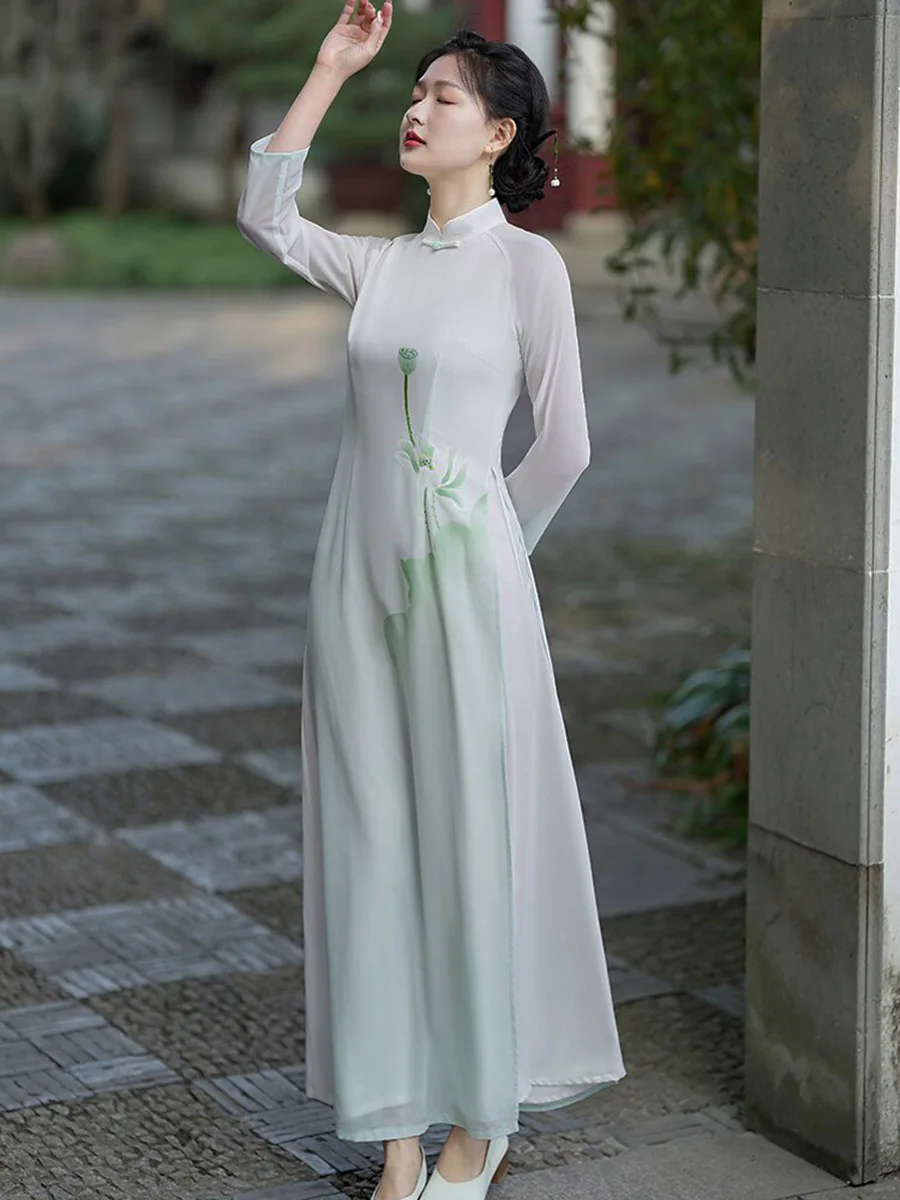 Фото Летнее шифоновое платье с ручной росписью лотоса, постепенное Cheongsam Aodai для молодых девушек, тонкое длинное платье с национальной рифмой, темпераментное китайское платье Cheongs №5