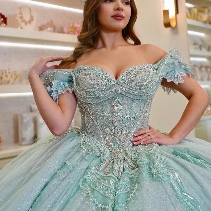 Мятно-зеленое платье Quinceanera с открытыми плечами по индивидуальному заказу, аппликация с блестками, тюлевое платье с 3D цветком, платья de 15, Quinceanera ﻿