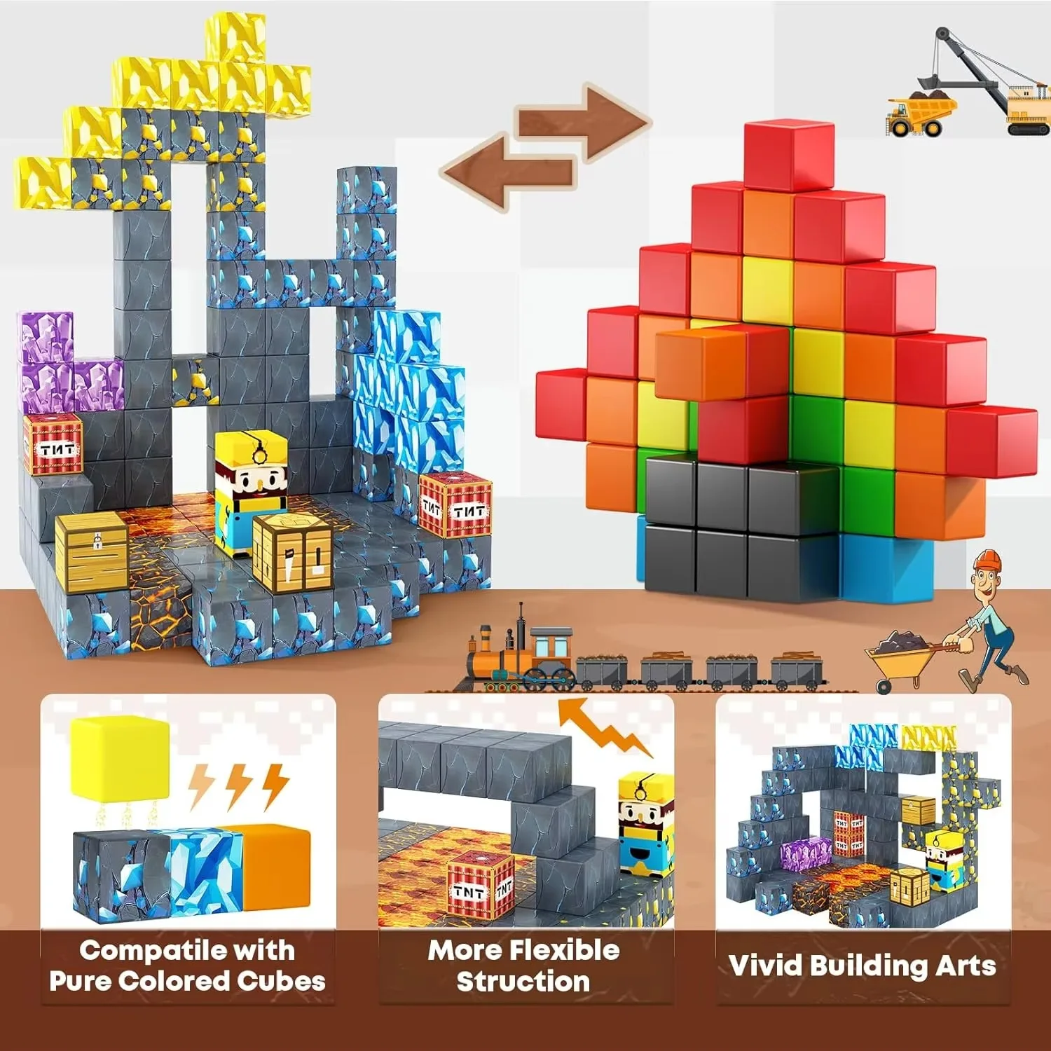 Фото 100 шт. магнитные блоки-Build Mine Magnet World для мальчиков и девочек в возрасте от 3 лет, сенсорные игрушки для малышей, подарок, строительные игрушки, рождественский подарок №3