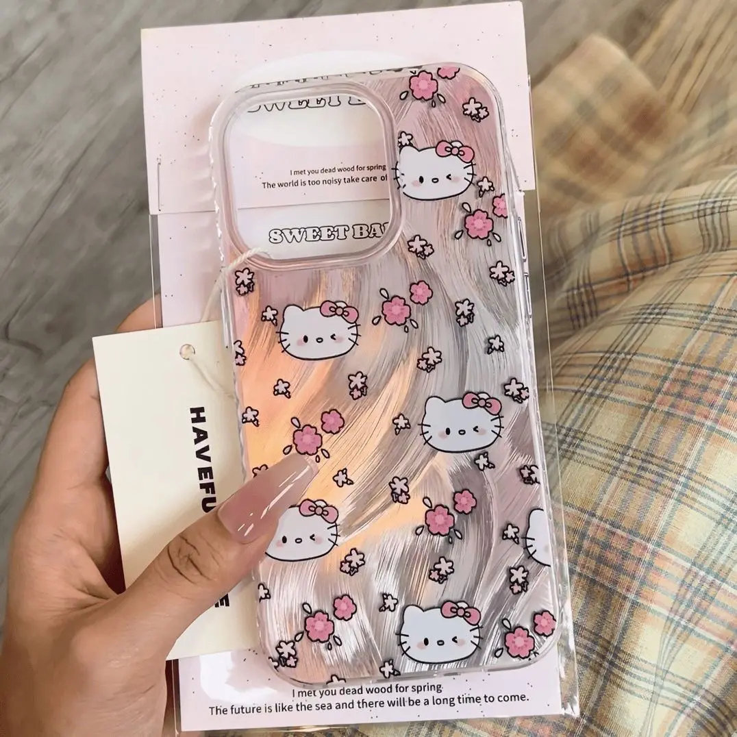 Фото Роскошный чехол для телефона Sanrio с изображением цветов Hello Kitty для iPhone 15 14 13 12 11 Pro Max X XR XS MAX 7 8 Plus милые Мультяшные чехлы для телефонов Y2k №3