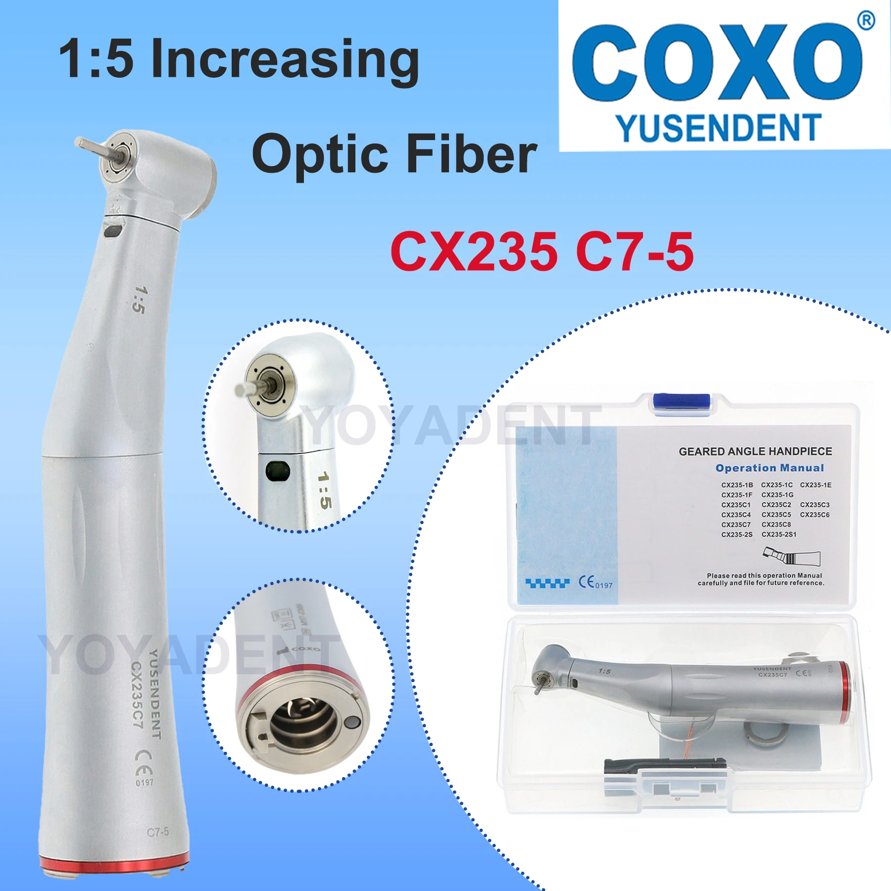 COXO Dental 1:5 Контракоугольный наконечник Волоконно-оптический низкоскоростной наконечник подходит для электродвигателя E-типа C7-5