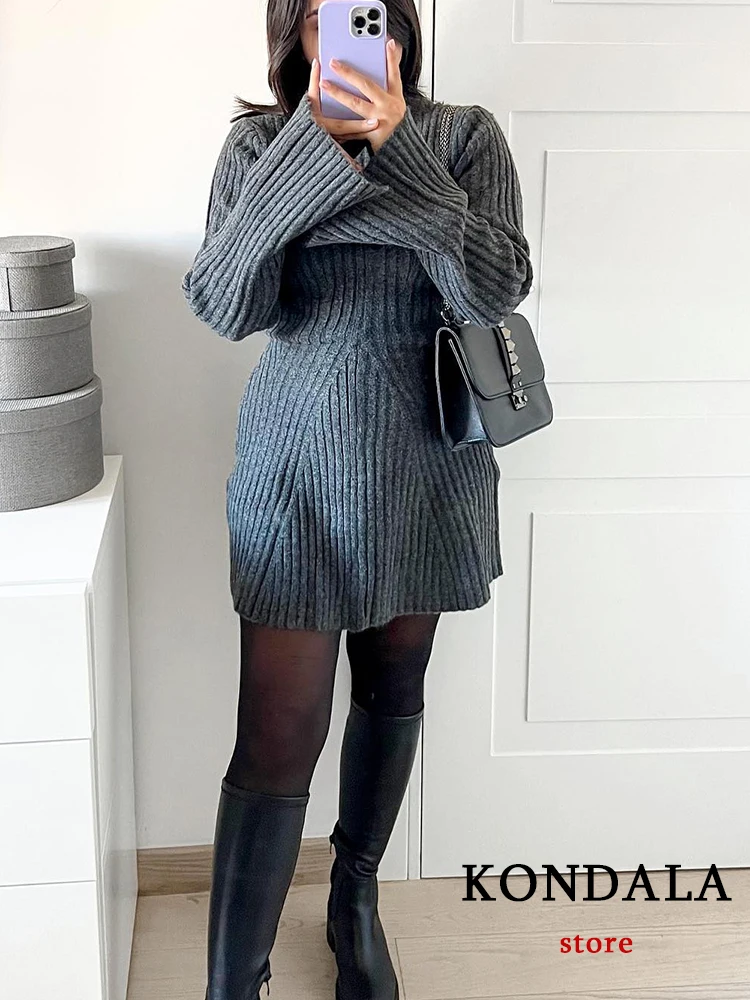 KONDALChic однотонное серое элегантное женское вязаное платье повседневное Плиссированное мини-платье с круглым вырезом и длинным рукавом модное осеннее Клубное платье 2023