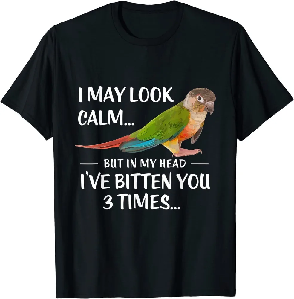 Зеленая рубашка с надписью «I May Look Calm Conure», Высококачественная футболка из 100% хлопка с коротким рукавом