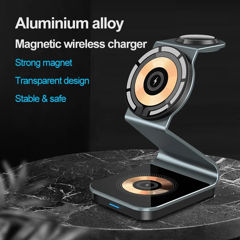 Фото Магнитная беспроводная зарядная подставка 3 в 1 для iPhone 15 14 Pro Max, станция быстрой зарядки для часов 8 7 6, аксессуары для зарядки AirPods №3