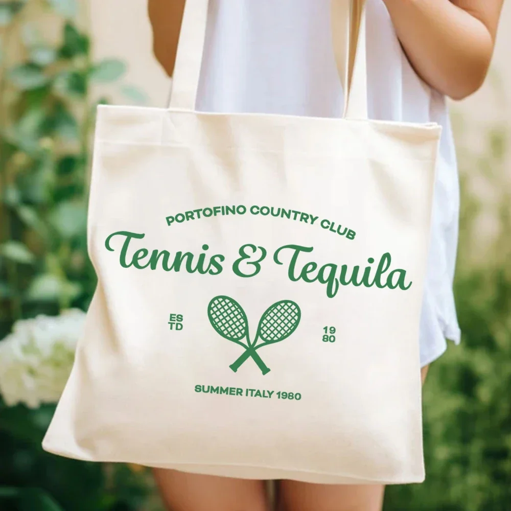 Винтажные теннисные сумки Tequila, летние итальянские сумки-тоут 1980 года, винтажные женские сумки Portofino с теннисом и графическим рисунком, холщовая большая сумка
