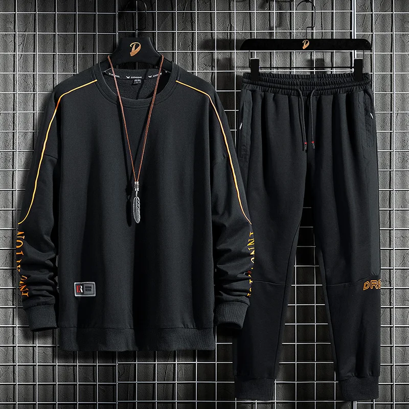Фото Свитшот Crewneck для мужчин, модель 2022 года, Весенняя Черная Толстовка большого размера с полосками по бокам, мужские свитшоты, стандартный размер №2