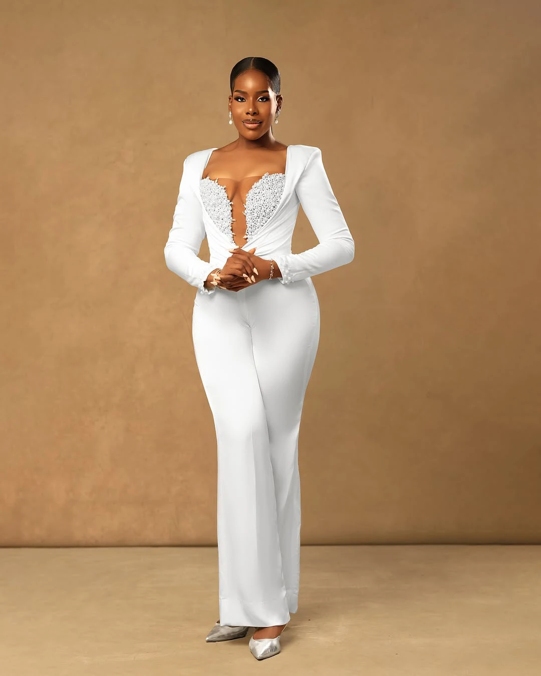 Фото Luxurious V Neck Blazer Jumpsuit Fancy Slim Fit Full Sleeve Pearls Party Dress Customized Power Gown №2