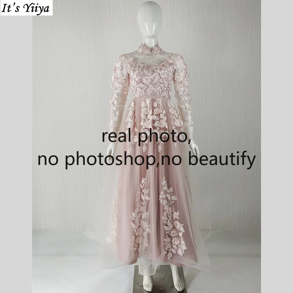 На заказ It's Yiiya Real Photo Светло-розовые с высоким воротником и длинными рукавами трапециевидной формы длиной до пола, большие размеры, женские вечерние вечерние платья