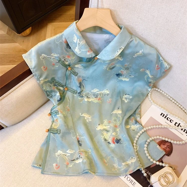 ТОП, летняя новая блузка Cheongsam в китайском стиле с короткими рукавами и пряжкой в стиле ретро, модная короткая стильная рубашка Ципао w876