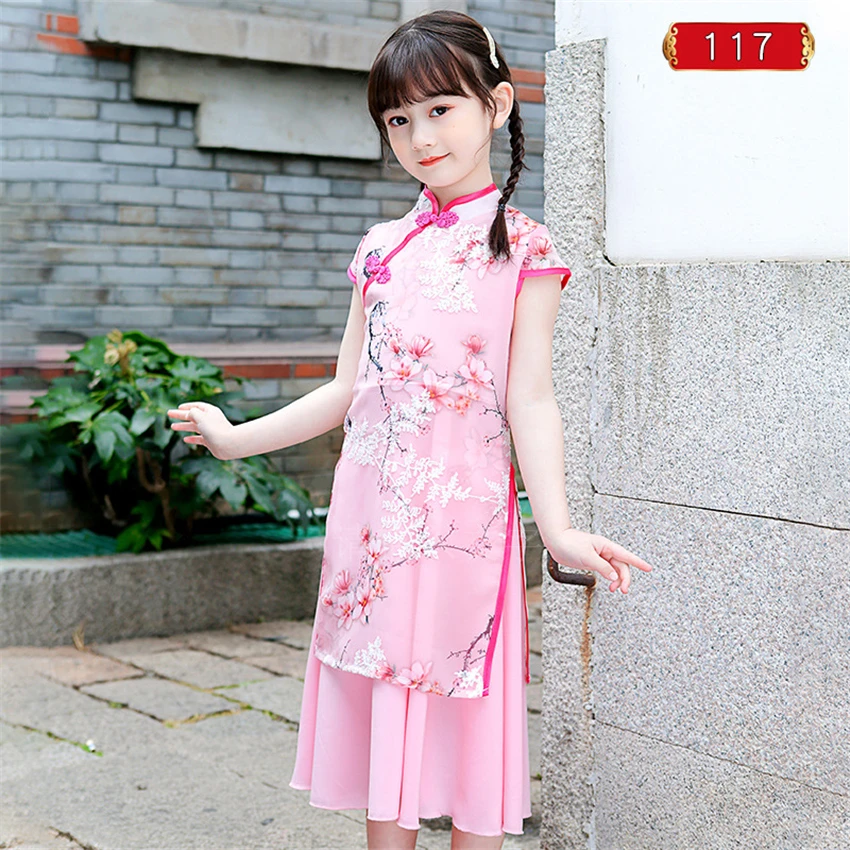Фото Gaun Cheongsam Hanfu Tradisional Tiongkok Anak Perempuan Kostum Putri Pernikahan Aodai Anak Qipao Bunga Vestidos Pesta Malam №2