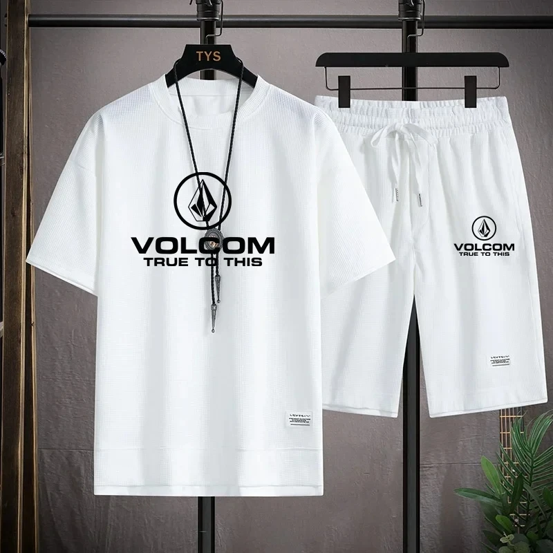 Фото Летний мужской спортивный костюм VOLCOM, футболка + шорты, спортивный костюм с принтом, повседневная модная футболка с короткими рукавами, мужской спортивный костюм №4