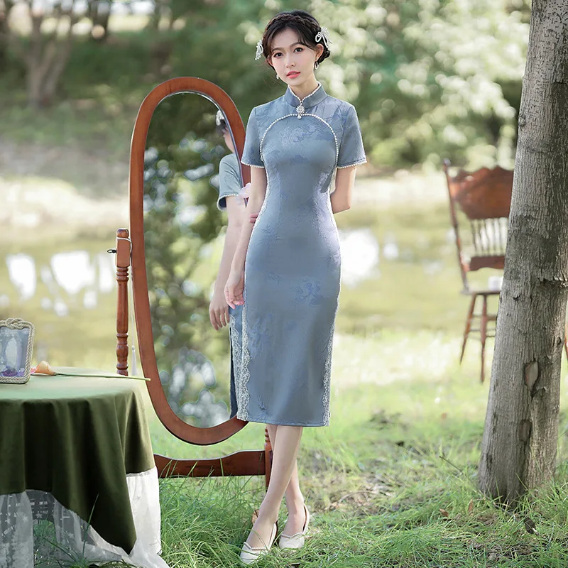 2024, весенне-летнее китайское платье Cheongsam с цветочной редисой, длинное платье Циапо с восемью боковыми пуговицами и воротником-стойкой в стиле ретро