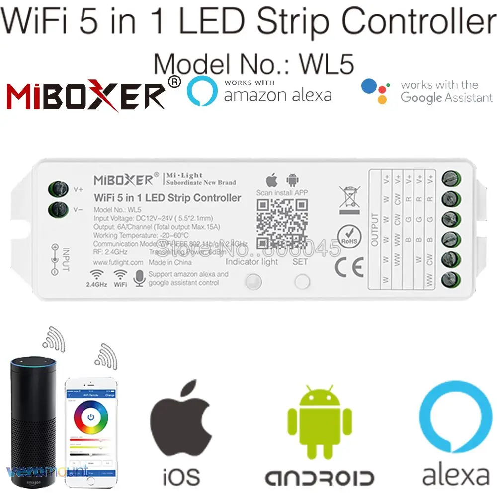 Miboxer WL5 2,4G 5 в 1 Wi-Fi светодиодный контроллер для одноцветных CCT RGB RGBW RGB + CCT светодиодных лент APP/TUYA/Third Party Голосовое управление