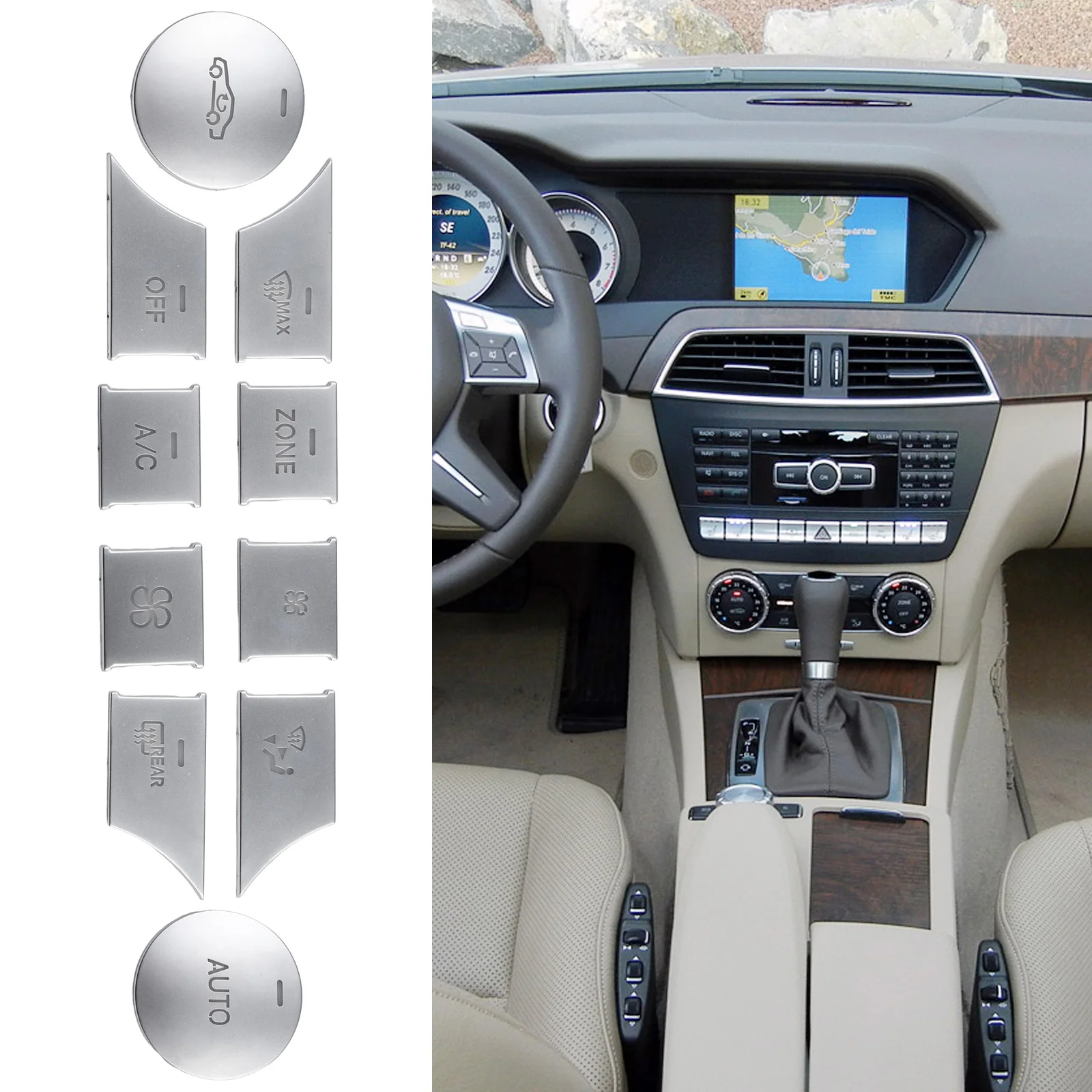 10 шт.комплект, хромированные накладки на кнопки Mercedes Benz C CLS GL GLK ML (art.: 3920c70f6a5eb) - 3920c70f6a5eb