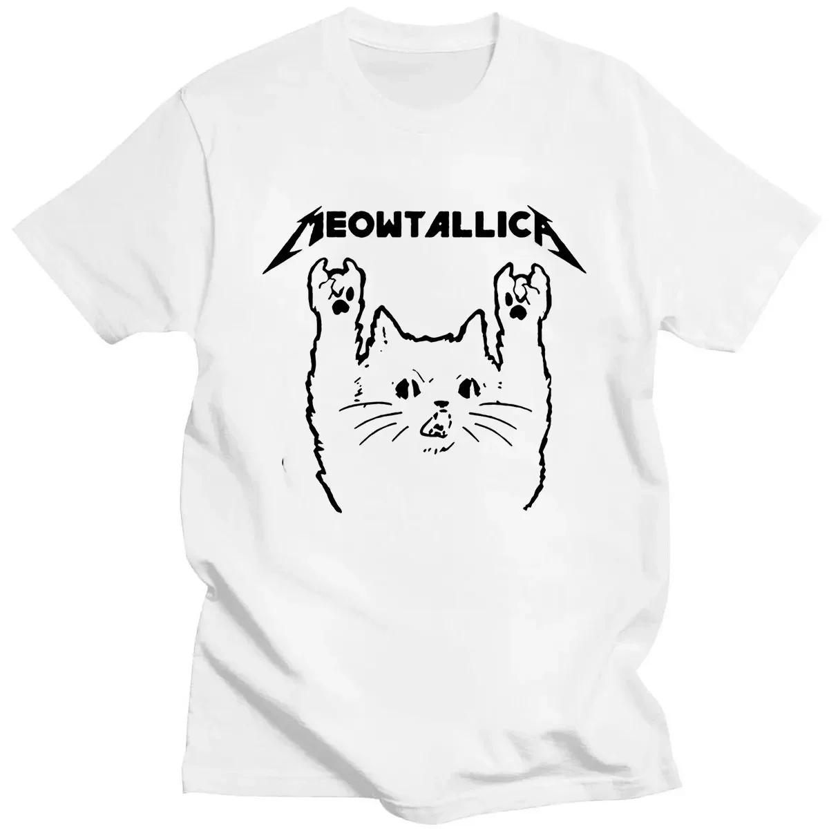 Фото Новая модель 2025 FunnyMeowtallicaRock, футболка с графическим принтом, модная рок-модная короткая футболка с круглым вырезом eeve, большие размеры, женская футболка №2