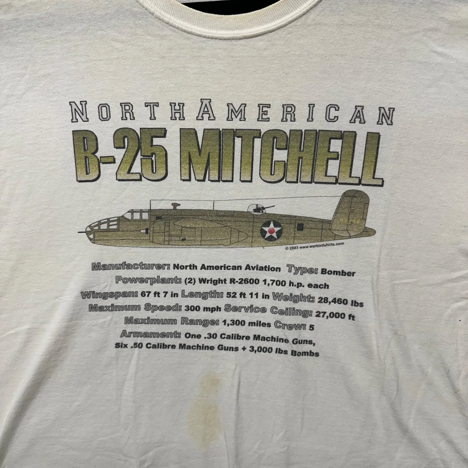 B-25 Mitchell Рубашка Мужская XL Белый Самолет с круглым вырезом Военный самолет USAF