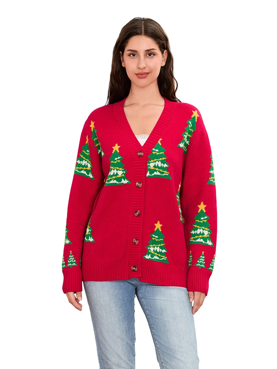 Women Christmas Cardigan Christmas Tree Print V-Neck Long Sleeve Sweater Fall Casual Soft Knit Coat
