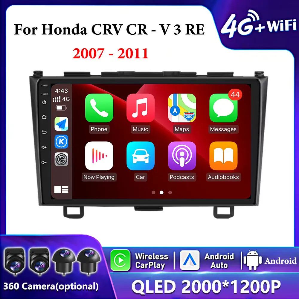 Автомобильный радиоприемник Carplay Android 15 для Honda CR-V 3 RE CRV 2007-2011, мультимедийный видеоплеер, 2-диночная навигация, GPS, 4G, DVD, головное устройство