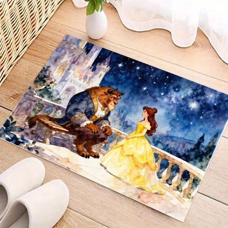 Фото 1 шт., Нескользящий напольный коврик Disney «Красавица и чудовище» Belle & Beast, романтический замок «Звездная ночь», акварельный художественный коврик, моющийся принцесса №4