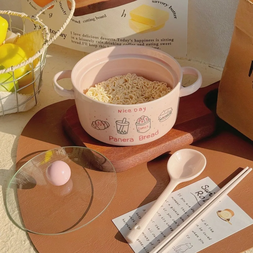 Фото Миска Kawaii Boba Ramen с ложкой и палочками для еды, кухонная посуда, милая японская керамика, лапша быстрого приготовления, фруктовый салат, суповая миска №5