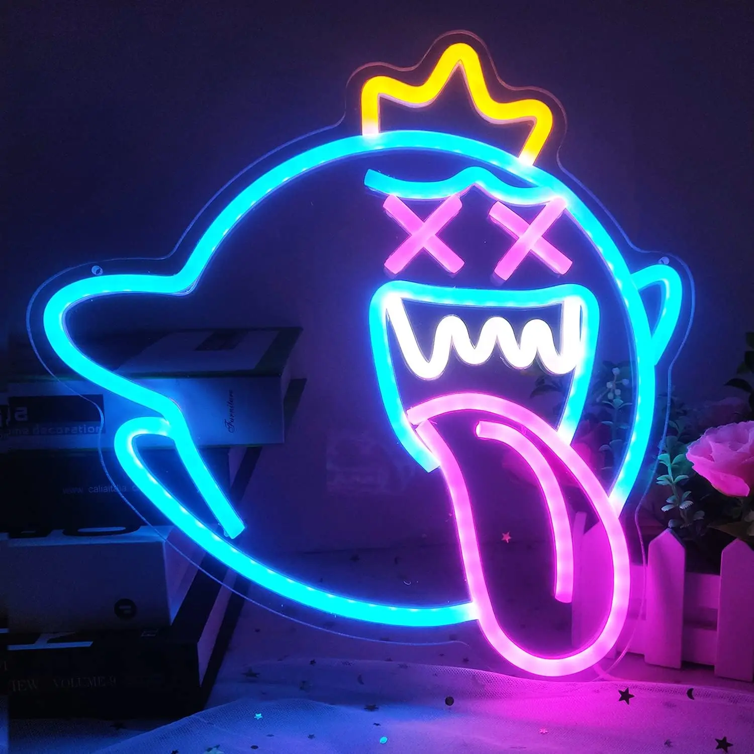 Неоновая светодиодная вывеска King Boo, неоновая подсветка с регулируемым переключателем, игровая неоновая вывеска для детской игровой комнаты, мужская пещера, декор на день рождения