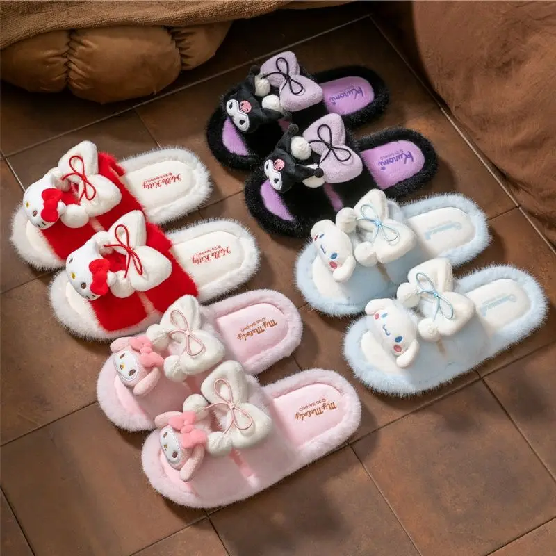 Sanrio Hello Kitty Cotton Slippers Cartoon Kuromi Indoor Floor Mops My Melody Kawaii Autumn and Winter Women's Wool Slippers
