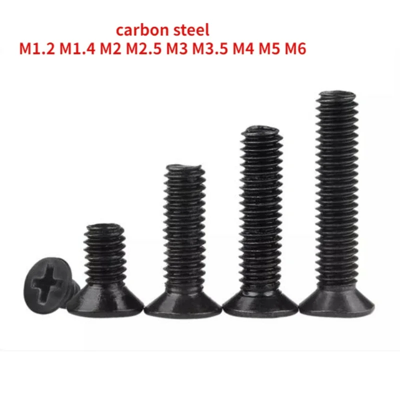 Винт из черной углеродистой стали с плоской головкой, 50-200 шт., M1.2, M1.4, M2, M2.5, M3, M3.5, M4, M5, M6
