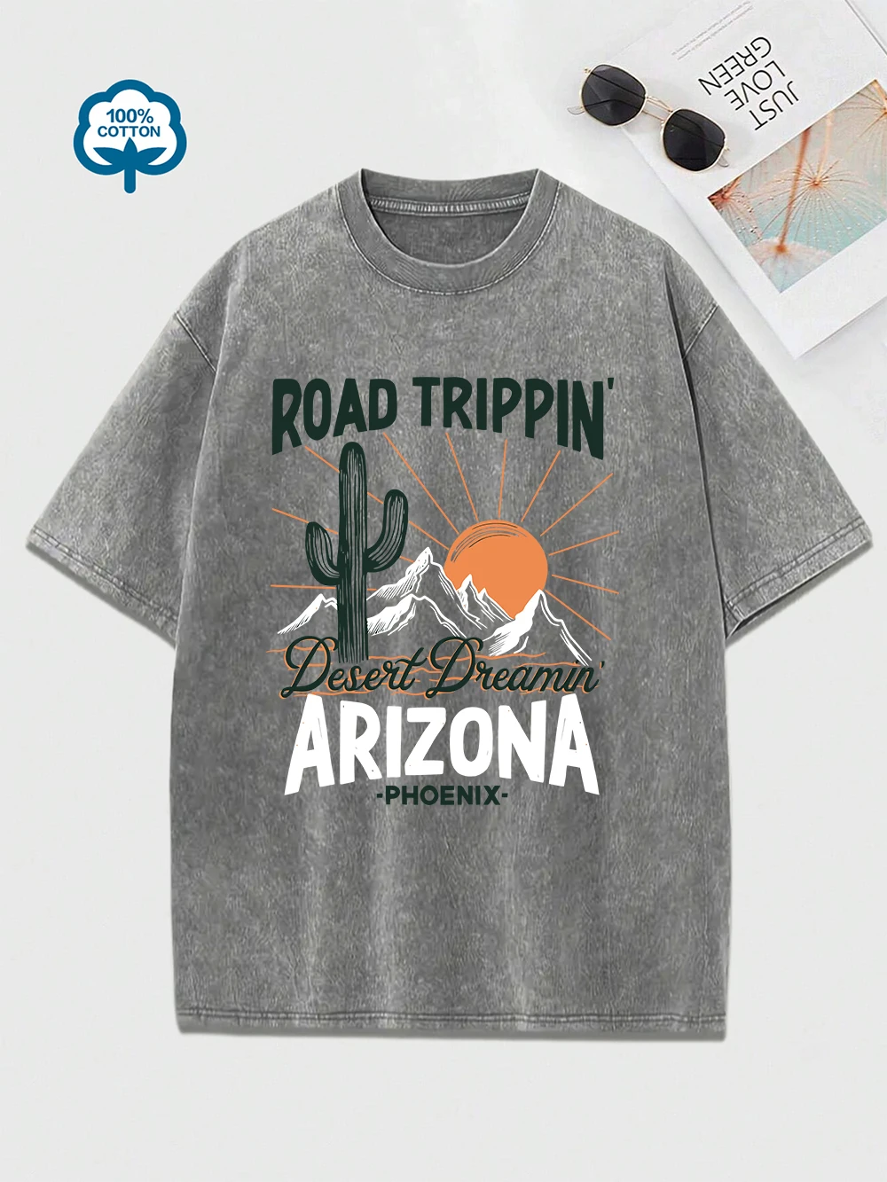 Фото Промытая футболка с принтом Road Trippin Arizona, женская хлопковая футболка большого размера, удобные топы с круглым вырезом, летняя одежда №2