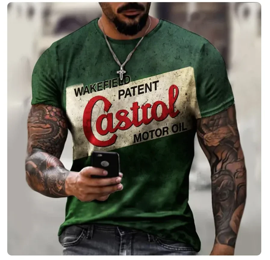 Kaus Grafis Castrol Ретро мода Musim Panas Kaus Cetak Gaya Jalanan Tren Kasual 3D Kaus Lengan Pendek Leher-o Kepribadian