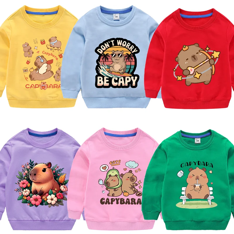 Красочная толстовка Capybaras, хлопковая толстовка с капюшоном, пуловер с длинными рукавами, футболка с рисунком из мультфильма, детская прочная, не выцветает, милая одежда