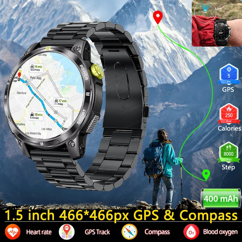 Новинка 2024, Прочные Военные Смарт-часы с GPS для мужчин, 1,5 дюйма, AMOLED, HD экран, компас, пульсометр, AI, голосовые, Bluetooth, звонки, уличные Смарт-часы