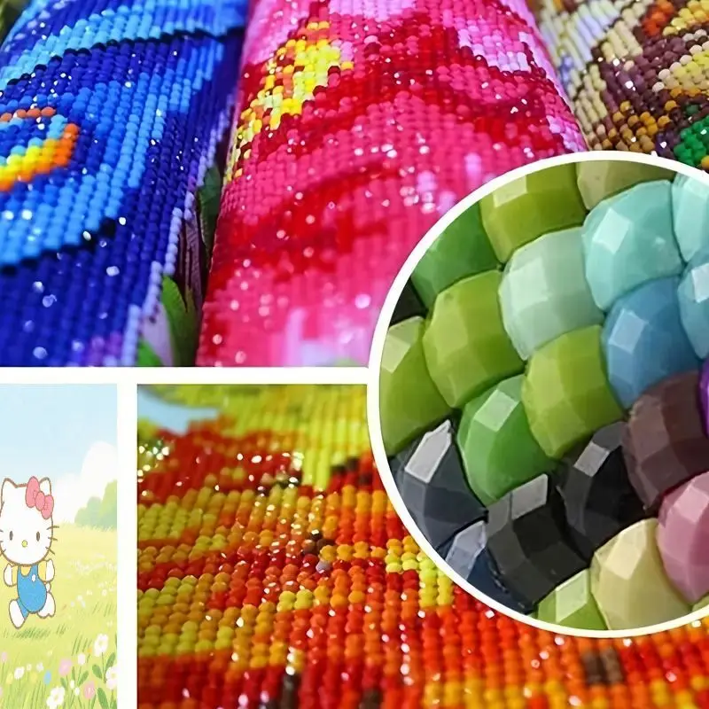 Фото 1 шт. милый мультяшный набор для рисования «Hello Kitty» 5D Diamond Painting - Full Drill Round Diamond Art, дизайн «Hello Kitty Running In Flower Field» №2