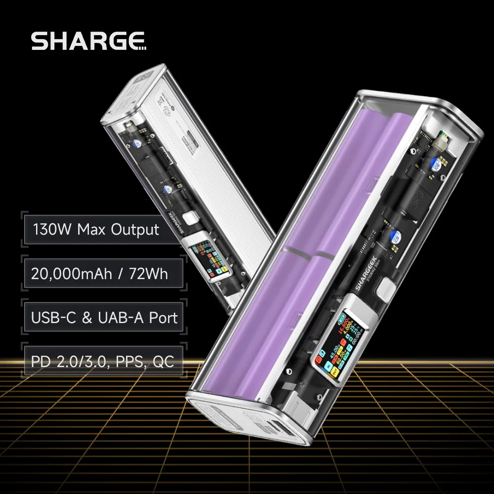SHARGE Power Bank 20000 мАч 130 Вт Powerbank PD3.0 Портативная батарея с быстрой зарядкой для ноутбука iPhone15 Запасная батарея с быстрой зарядкой