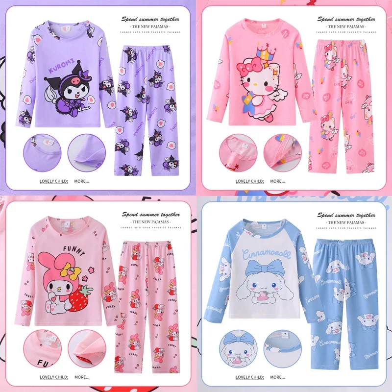 Детские пижамные штаны Sanrio, комплект Hello Kitty Kuromi Cinnamoroll для девочек и мальчиков, Детская домашняя одежда с длинными рукавами