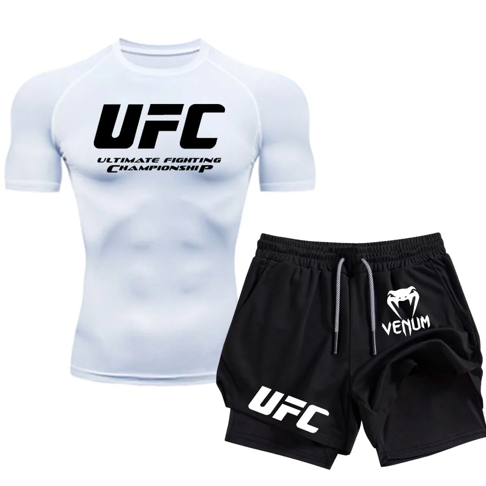 UFC мужской новый летний спортивный комплект с короткими рукавами для фитнеса и уличного бега, комплект боевых плотных эластичных футболок и шорт (art.: 3920d105613bf) - 3920d105613bf