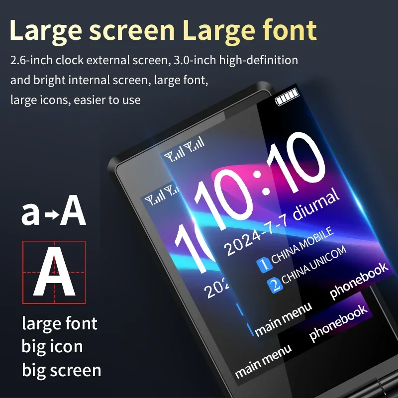 Фото YeeMI M7+ 4G Прочный функциональный телефон с большой кнопкой, полнодиапазонный раскладной телефон, двойной SIM-карты, двойной экран, 6800 мАч, большой аккумулятор, мобильный телефон для старика №3