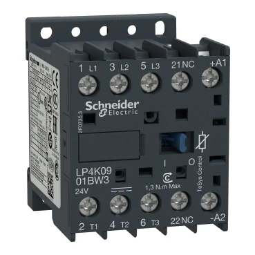 LP4K0901BW3 контактор, TeSys K, 3P, AC-3/AC-3e, 440V, 9A, 1NC aux, 24V DC Катушка низкого потребления