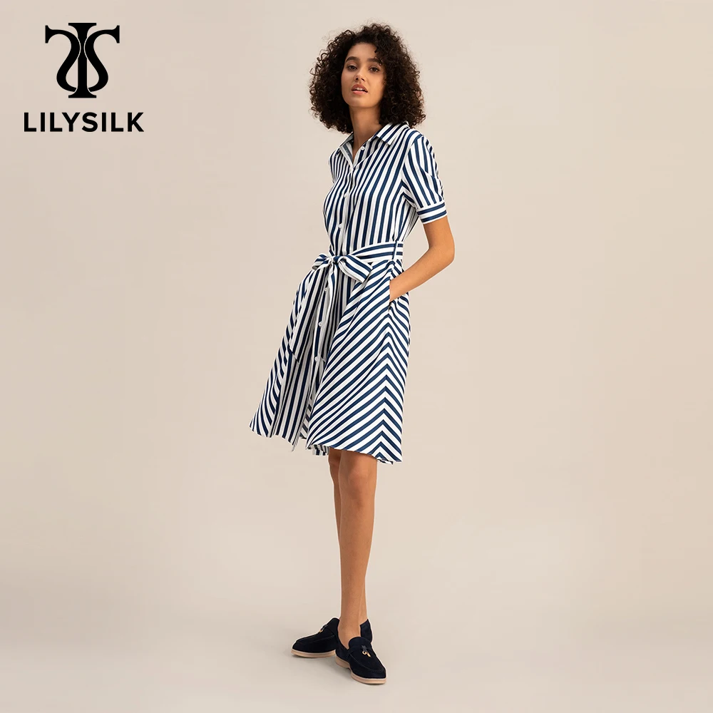 LILYSILK Шелковое платье-рубашка в полоску Amalfi с поясом, повседневное платье трапециевидной формы с V-образным вырезом