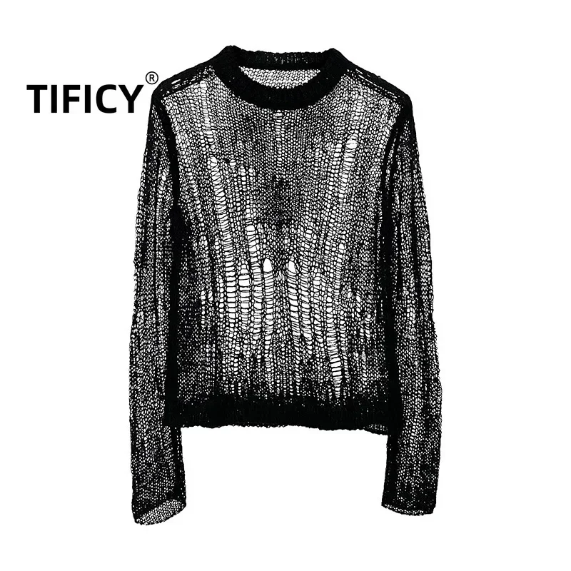 Фото TIFICY High Street свитер, топы, женские темные сетчатые полые вязаные мохеровые удобные пуловеры, универсальные женские джемперы №5