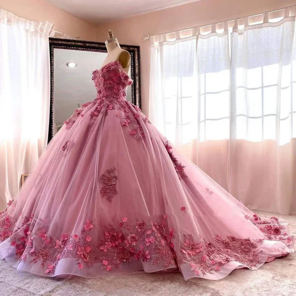 Фото Розовые бальные платья, фатиновые платья Quinceanera, кружевные аппликации, милые цветы, выпускной, элегантная принцесса 15, Ballkleider 2024 №3