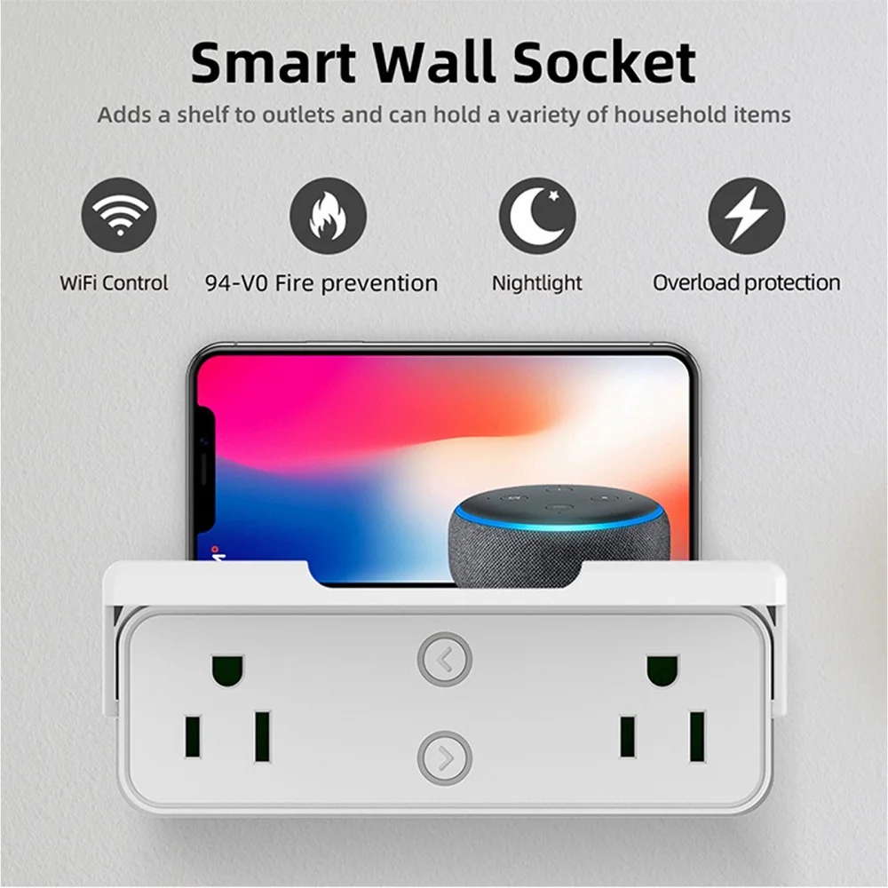 Умная розетка с двумя розетками, 10 А, 2,4 ГГц, Wi-Fi