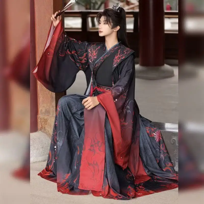 Фото Традиционный китайский Wuxia Hanfu для мужчин и женщин Weijin Period костюм с перекрестным воротником винтажный черный, красный Хэллоуин фехтовальщик косплей костюм №4