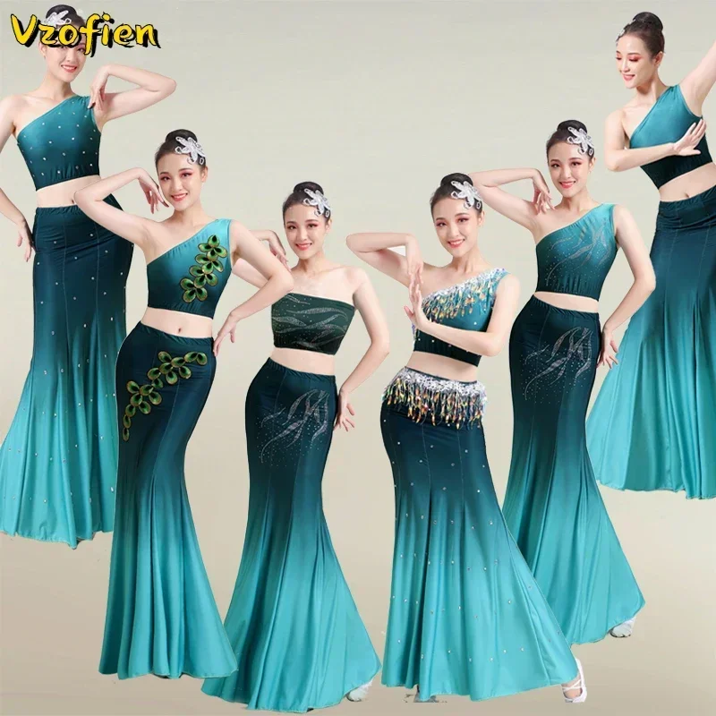 Танцевальный костюм павлина для женщин и детей Dai Dance Одежда для выступлений хмонг Купальник с рыбьим хвостом Традиционный народный китайский танец